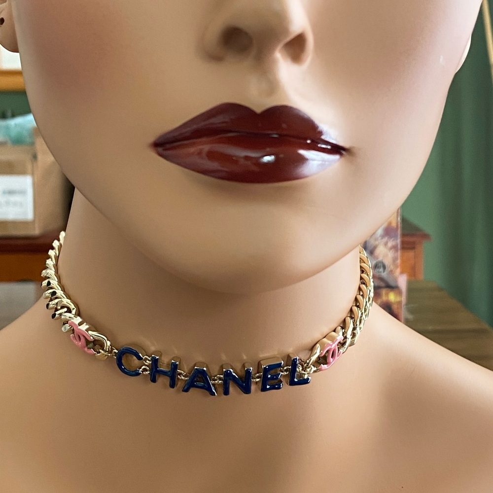 Chanel Choker Blue, Pink gold tone